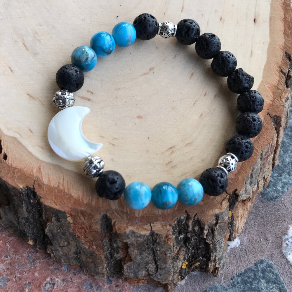 Moon bead bracelet . Mother of pearl moon & lava rock oil diffuser beads